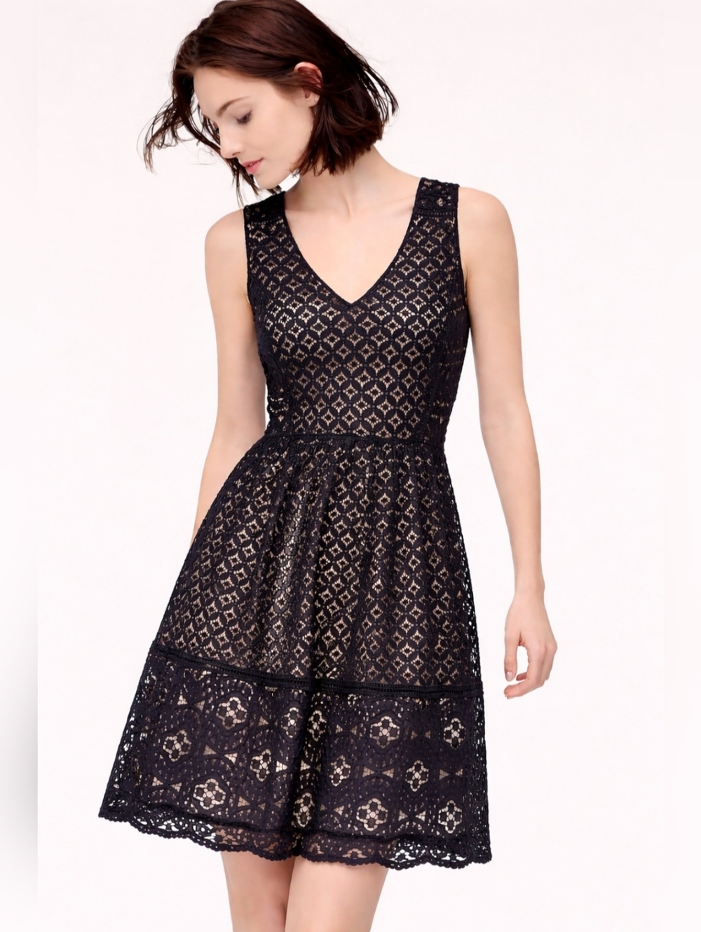 Ann Taylor LOFT Black Lace Eyelet Cocktail Dress V-Neck Sleeveless Fit & Flare